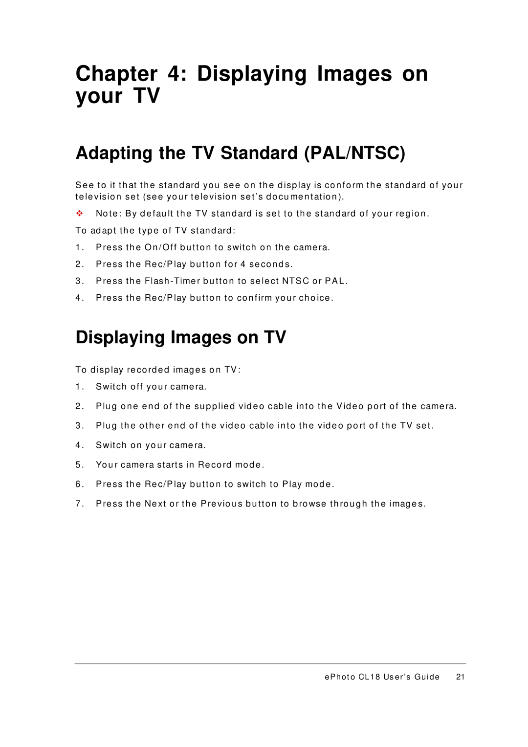 AGFA ePhoto CL18 manual Displaying Images on your TV, Adapting the TV Standard PAL/NTSC, Displaying Images on TV 