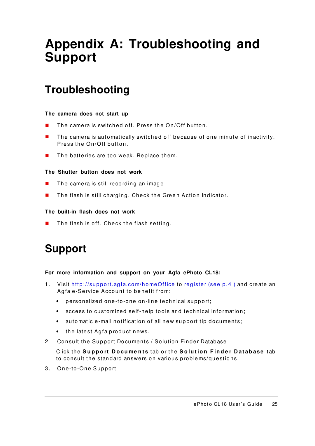 AGFA ePhoto CL18 manual Appendix a Troubleshooting and Support 