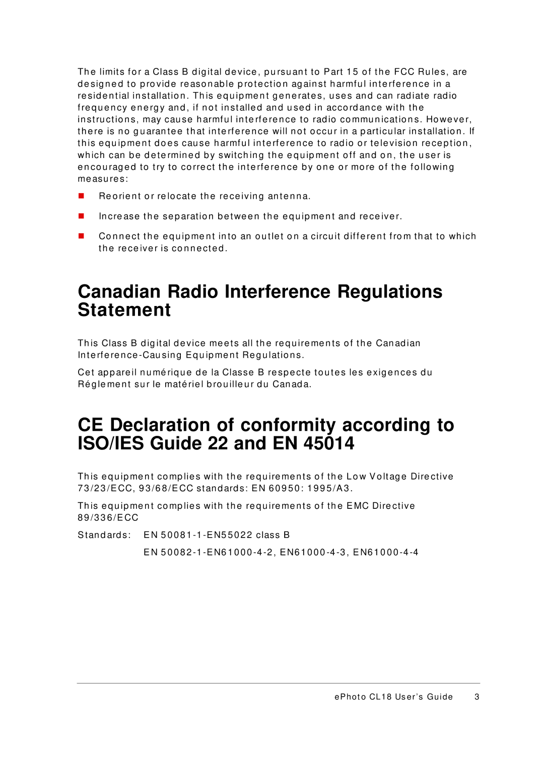 AGFA ePhoto CL18 manual Canadian Radio Interference Regulations Statement 