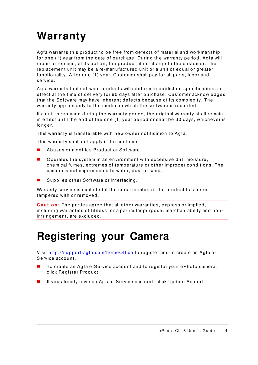 AGFA ePhoto CL18 manual Warranty, Registering your Camera 