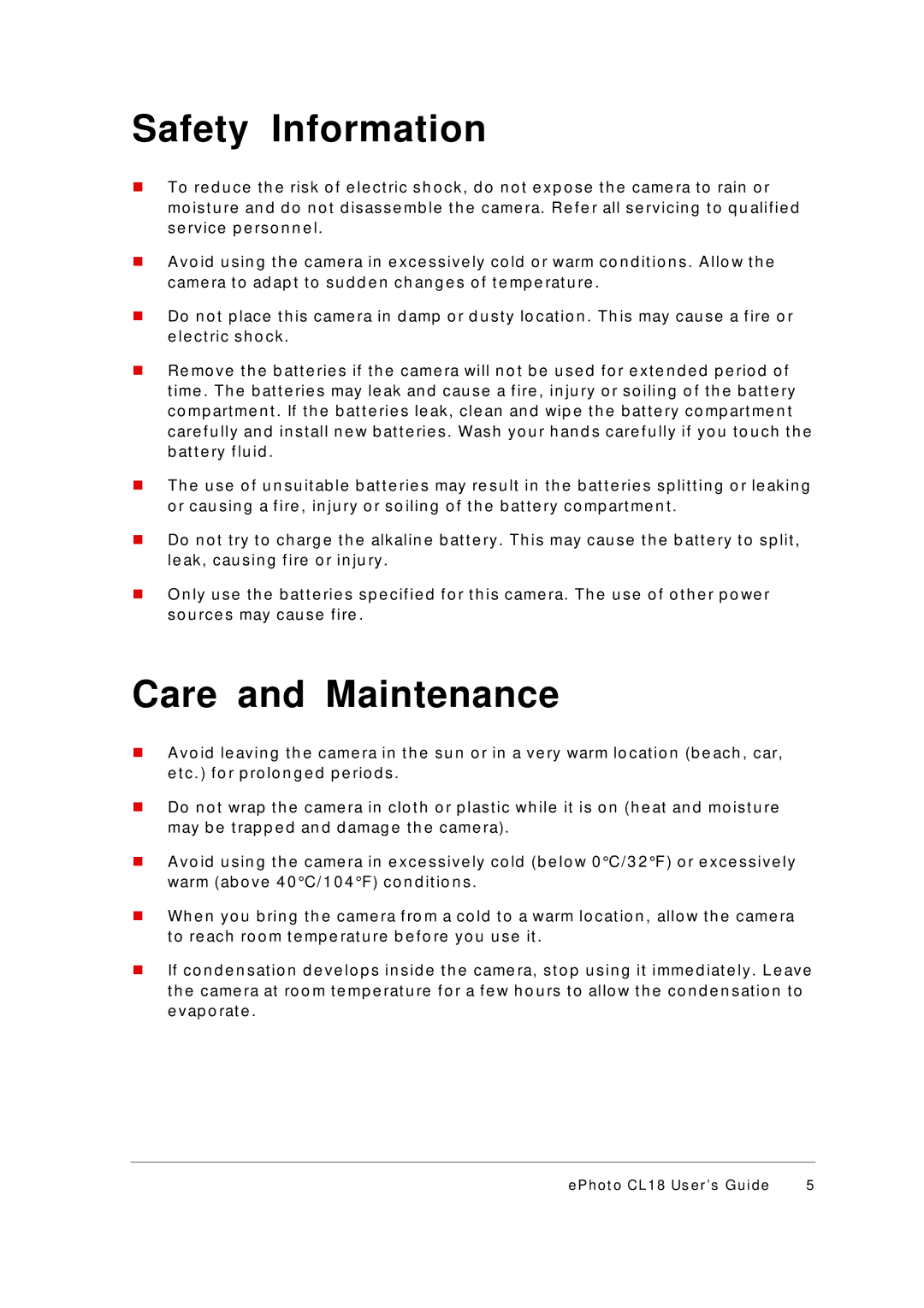 AGFA ePhoto CL18 manual Safety Information, Care and Maintenance 