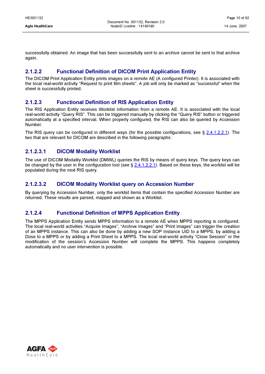 AGFA HE/001132 Functional Definition of Dicom Print Application Entity, Functional Definition of RIS Application Entity 