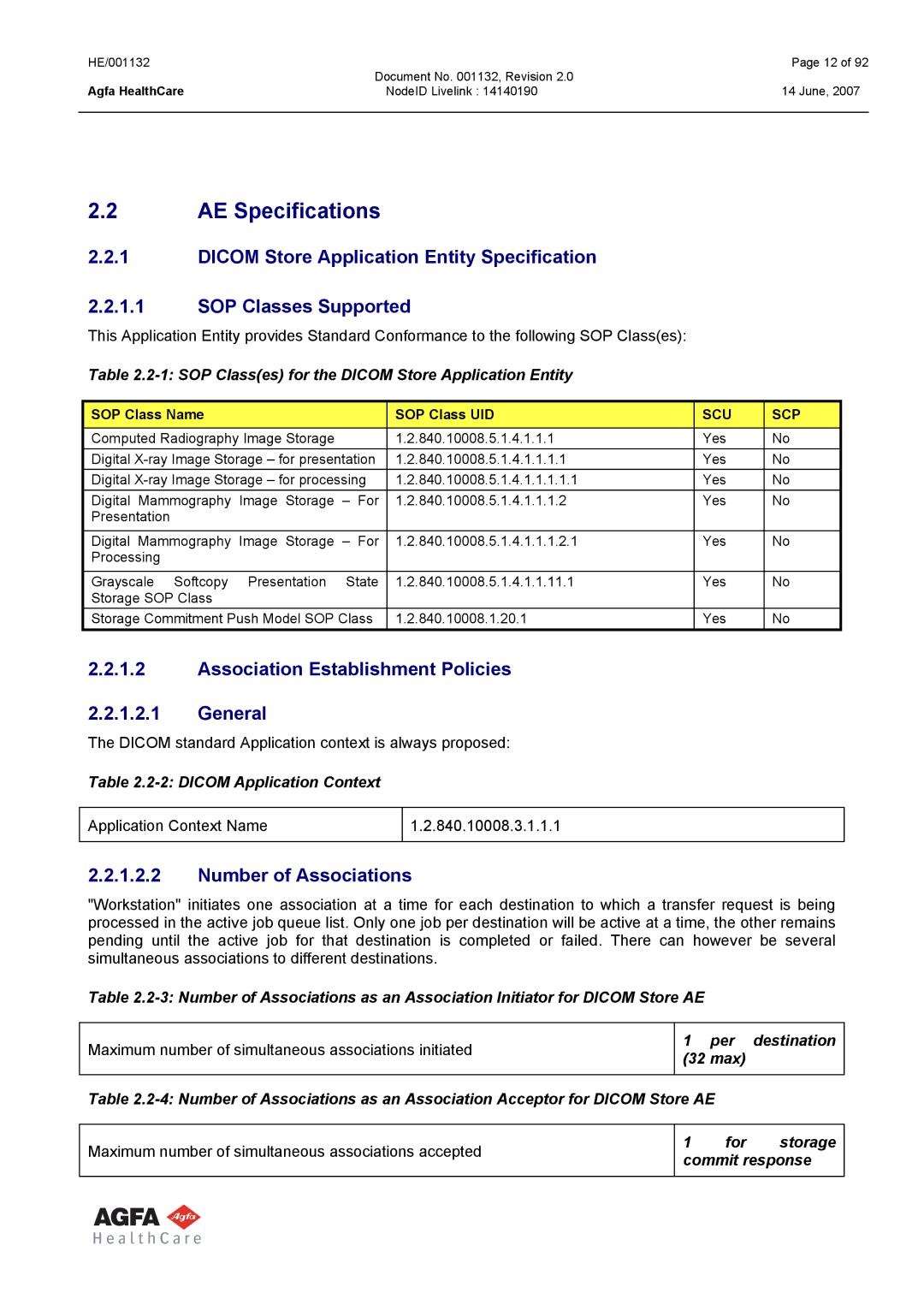 AGFA HE/001132 manual AE Specifications, Association Establishment Policies General, Number of Associations 