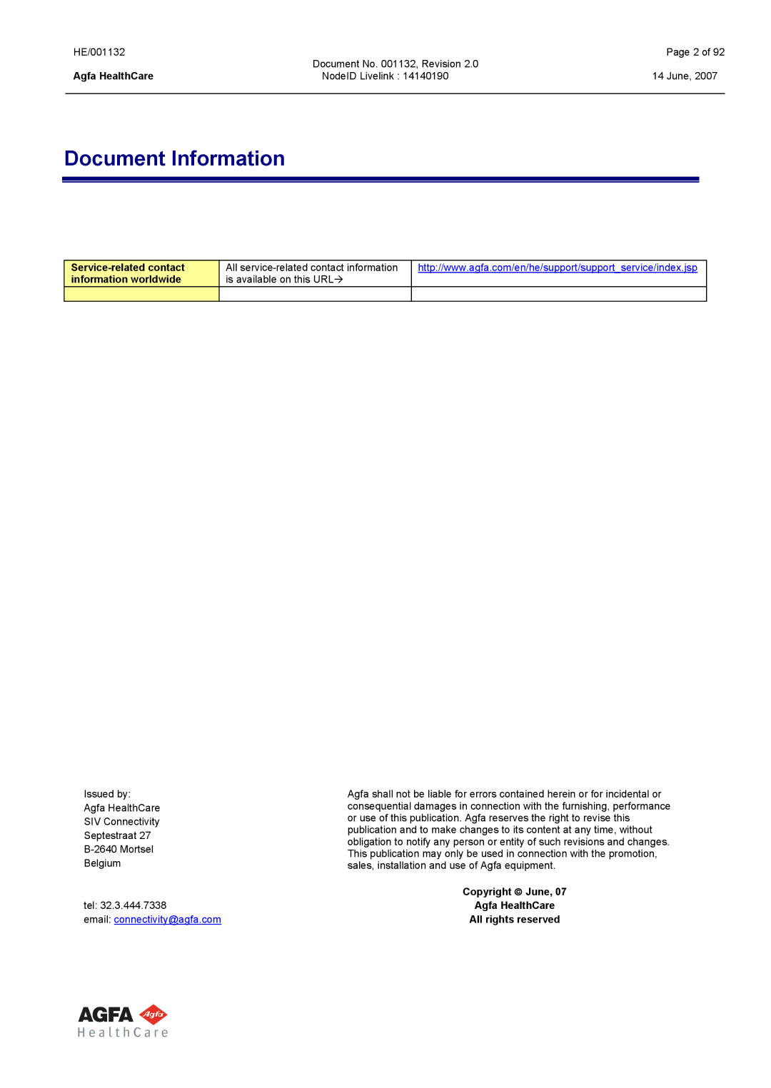 AGFA HE/001132 manual Document Information 