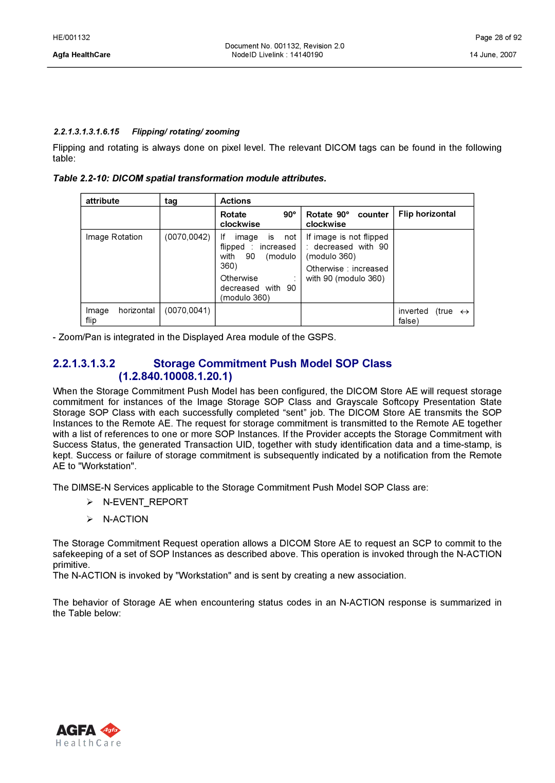 AGFA HE/001132 Storage Commitment Push Model SOP Class, Dicom spatial transformation module attributes, Eventreport Action 