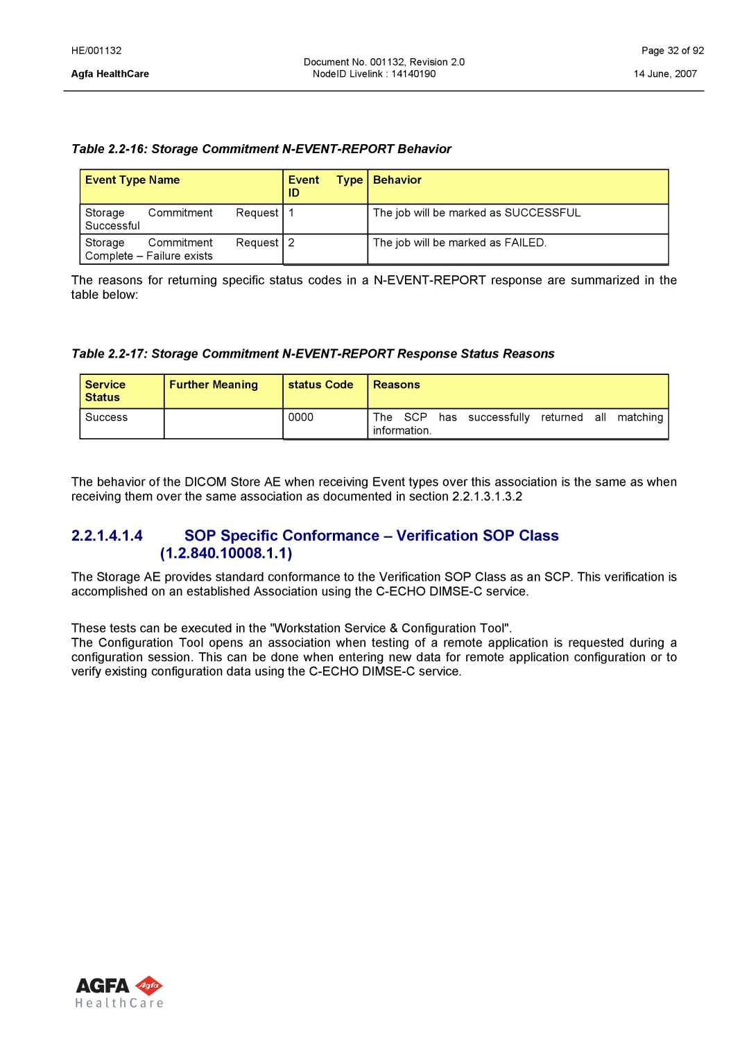 AGFA HE/001132 manual SOP Specific Conformance Verification SOP Class, Storage Commitment N-EVENT-REPORT Behavior 