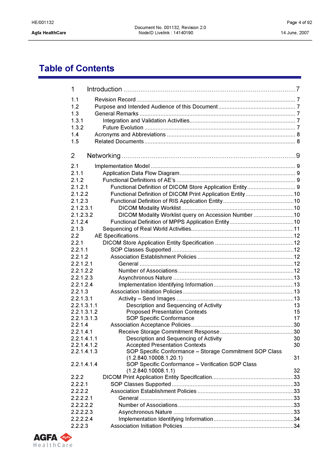 AGFA HE/001132 manual Table of Contents 