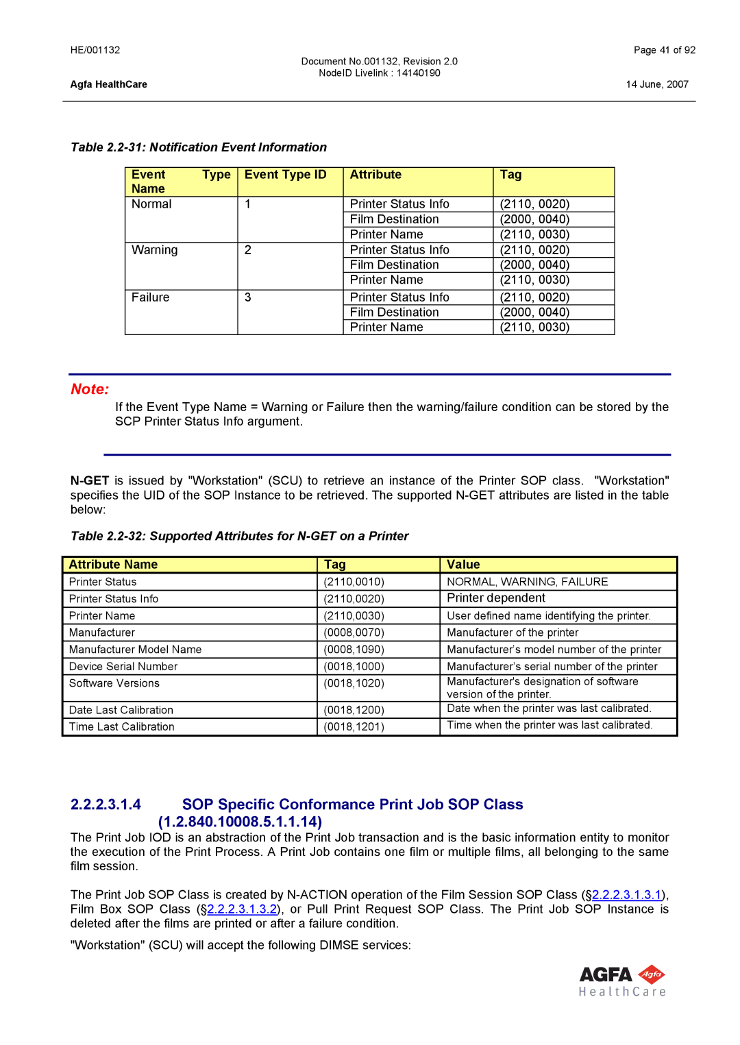 AGFA HE/001132 manual Notification Event Information, Event Type Event Type ID Attribute Tag Name, Attribute Name Tag Value 