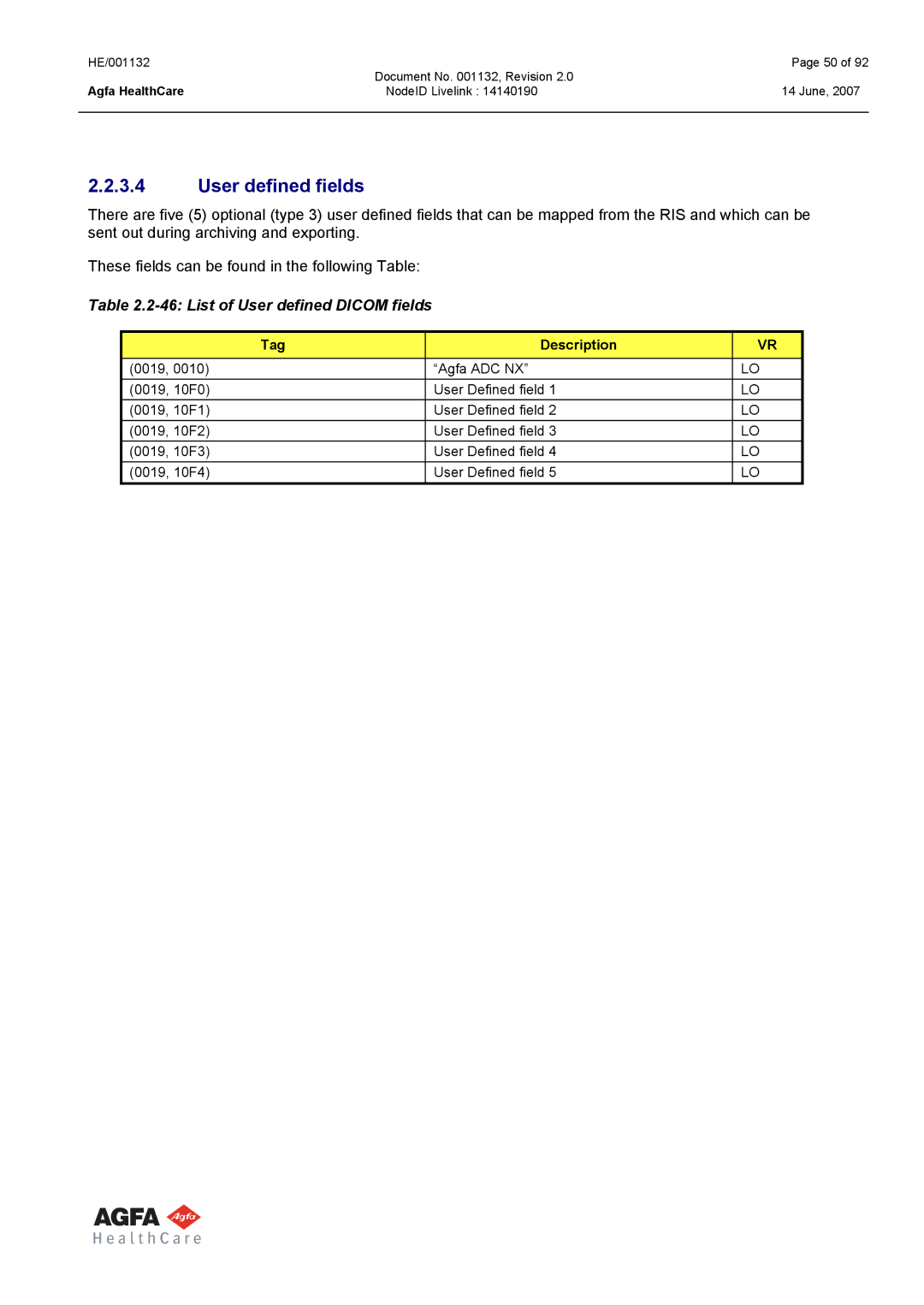 AGFA HE/001132 manual User defined fields, List of User defined Dicom fields, Tag Description 