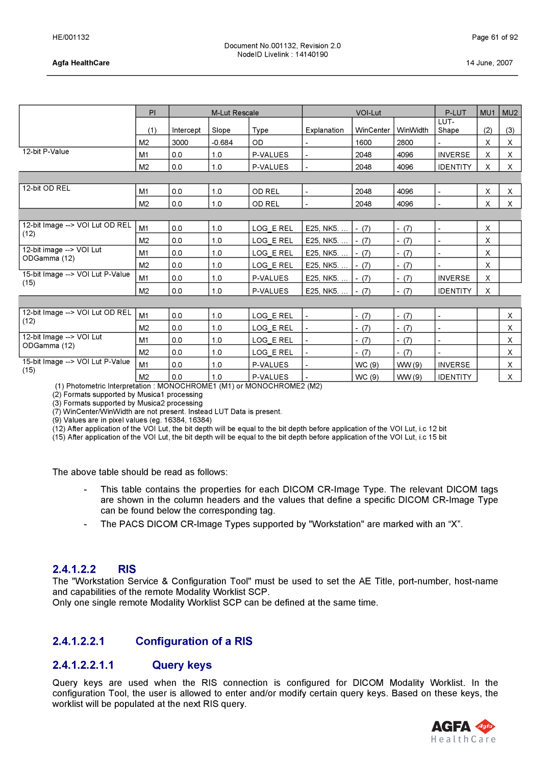 AGFA HE/001132 manual 1.2.2 RIS, Configuration of a RIS Query keys 