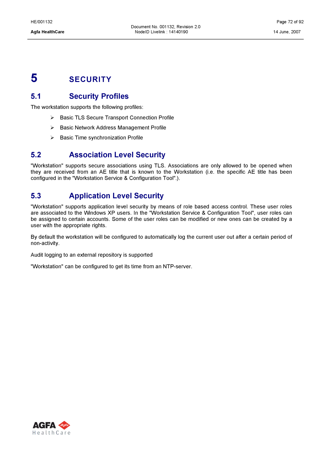 AGFA HE/001132 manual Security Profiles, Association Level Security, Application Level Security 