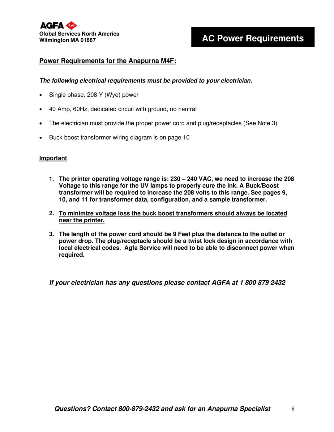 AGFA manual AC Power Requirements, Power Requirements for the Anapurna M4F 