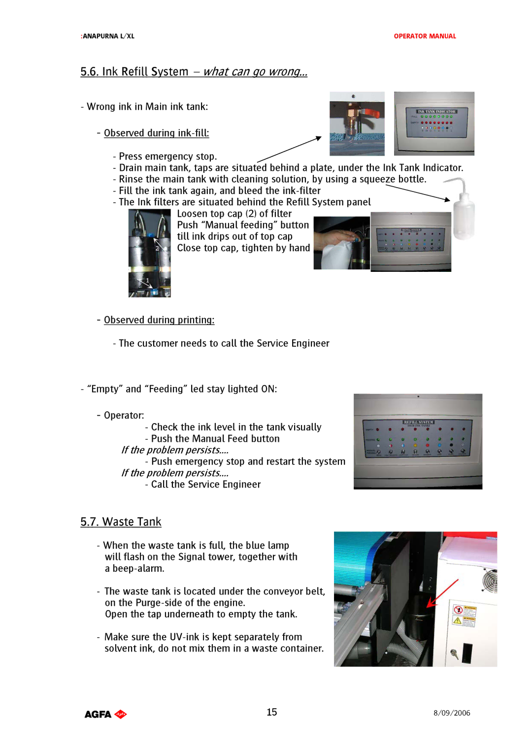 AGFA Printer manual Ink Refill System what can go wrong…, Waste Tank 