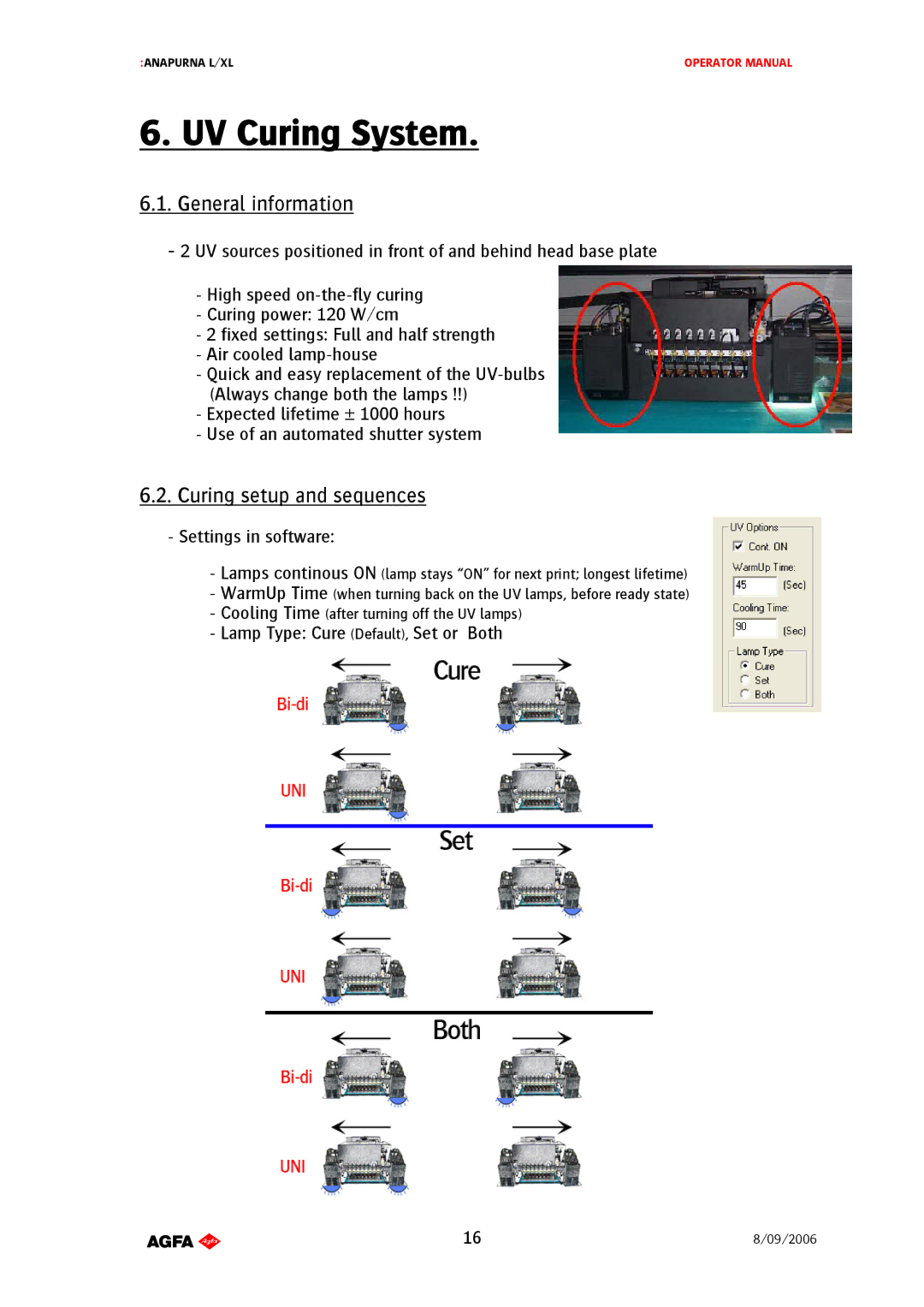 AGFA Printer manual UV Curing System, Curing setup and sequences, Settings in software, Lamp Type Cure Default, Set or Both 