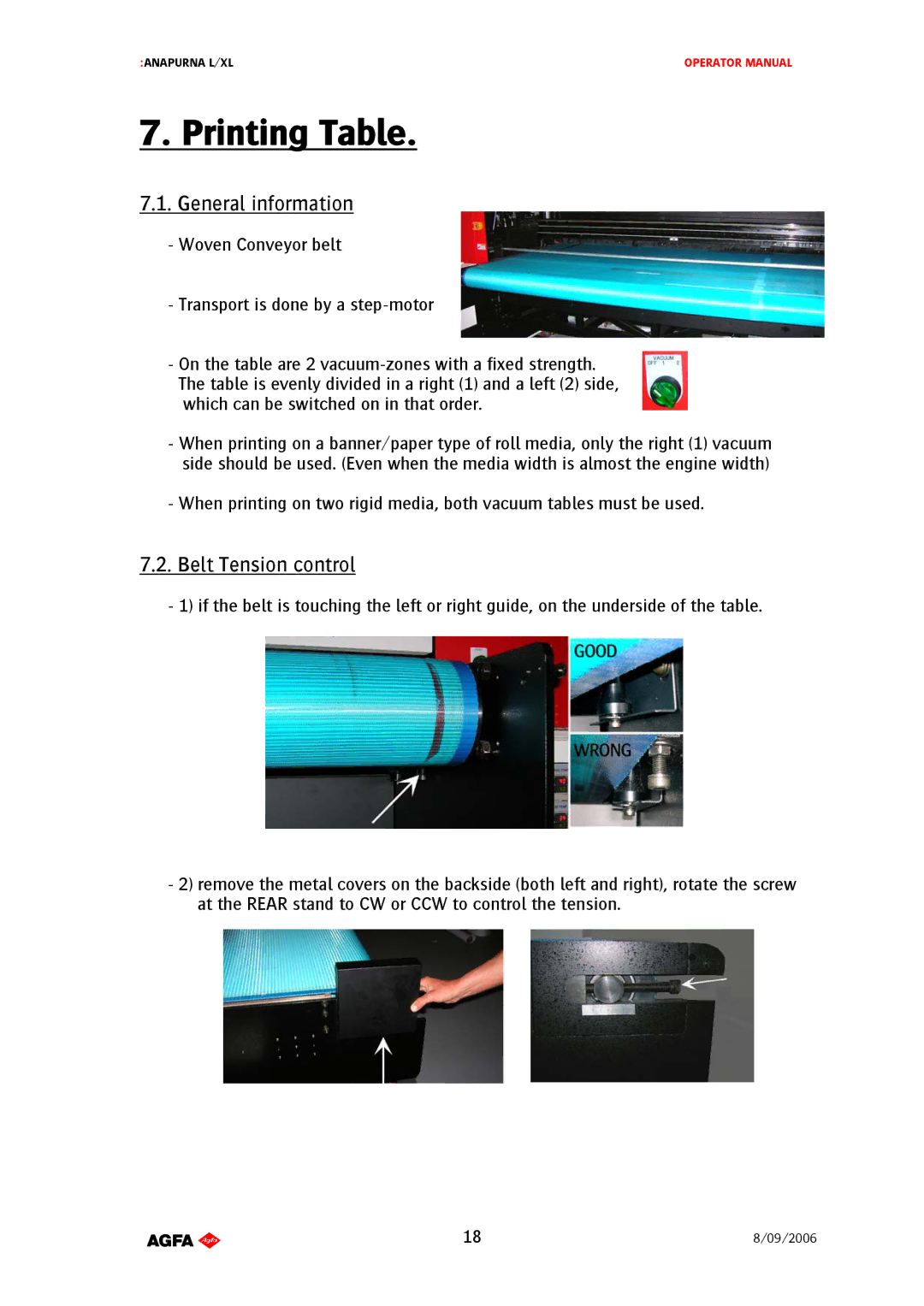 AGFA Printer manual Printing Table, Belt Tension control 