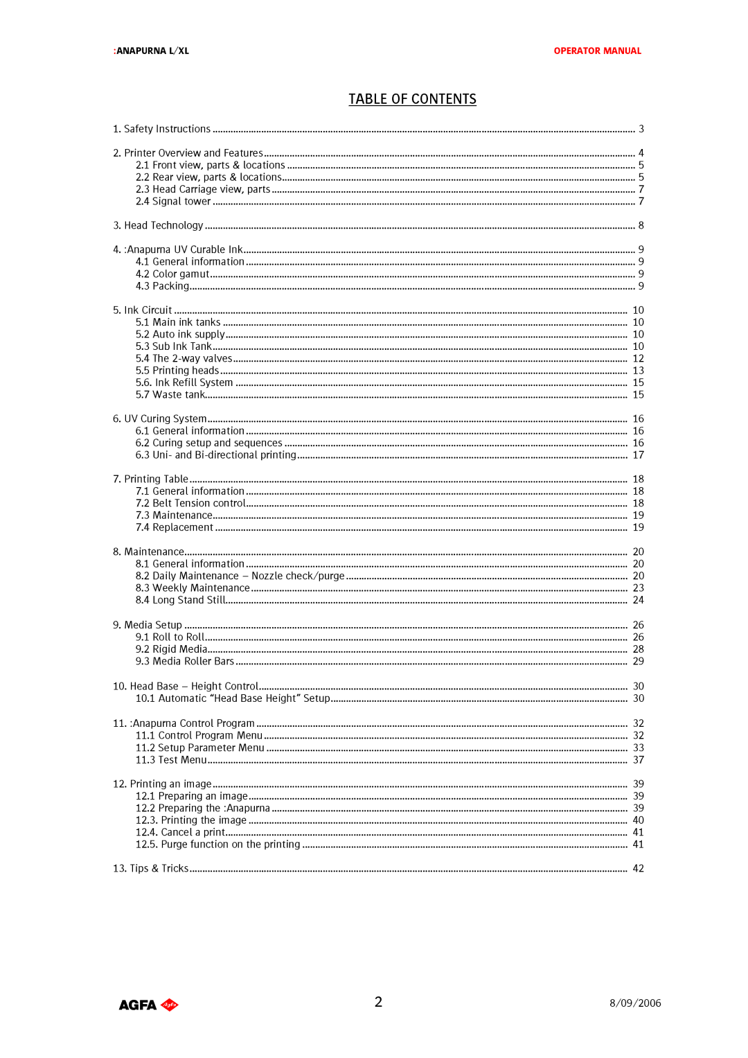 AGFA Printer manual Table of Contents 