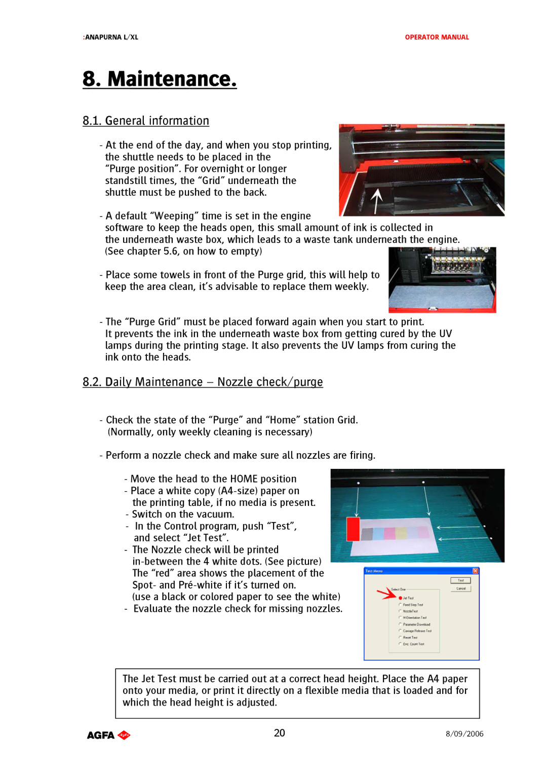 AGFA Printer manual Daily Maintenance Nozzle check/purge 