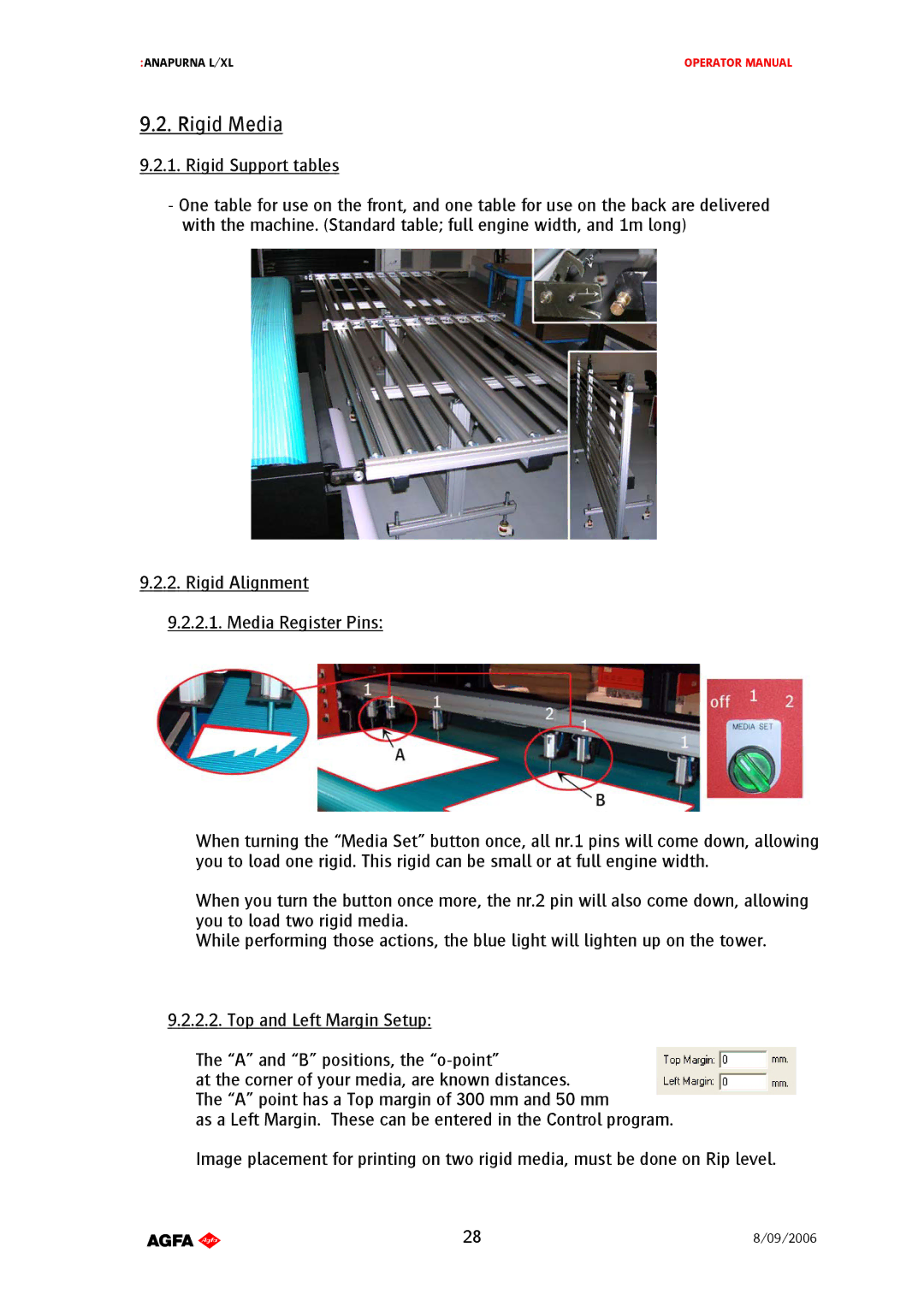 AGFA Printer manual Rigid Media, Rigid Support tables 