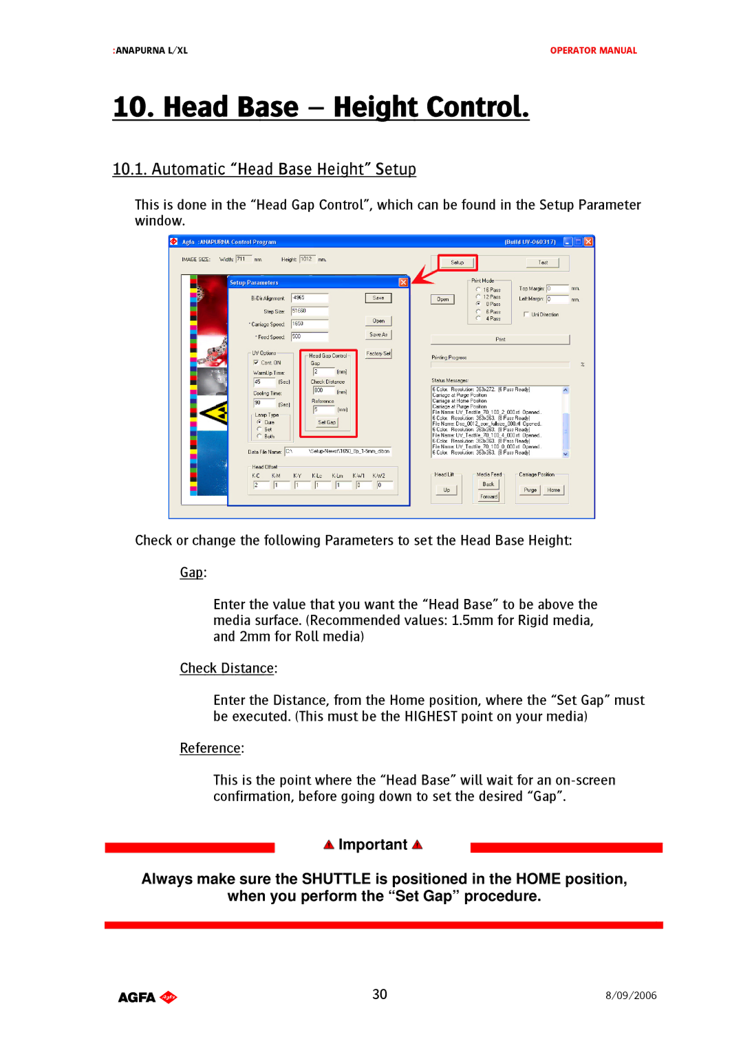 AGFA Printer manual Head Base Height Control, Automatic Head Base Height Setup 