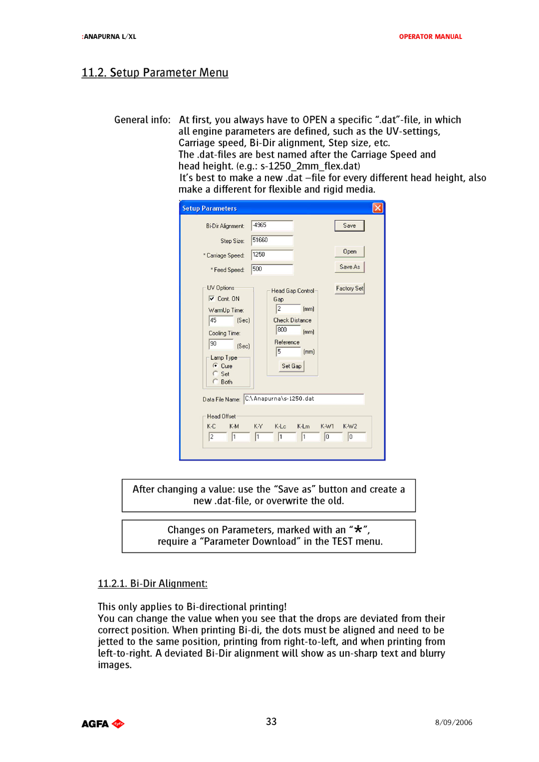 AGFA Printer manual Setup Parameter Menu 