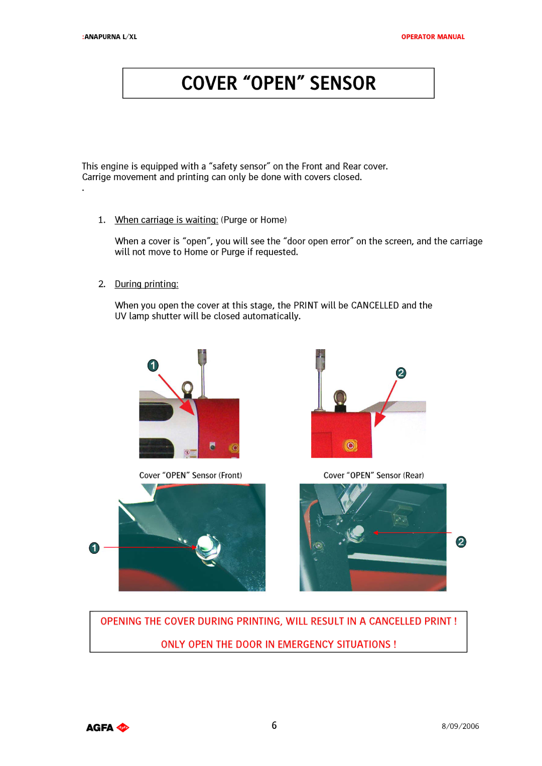 AGFA Printer manual Cover Open Sensor 