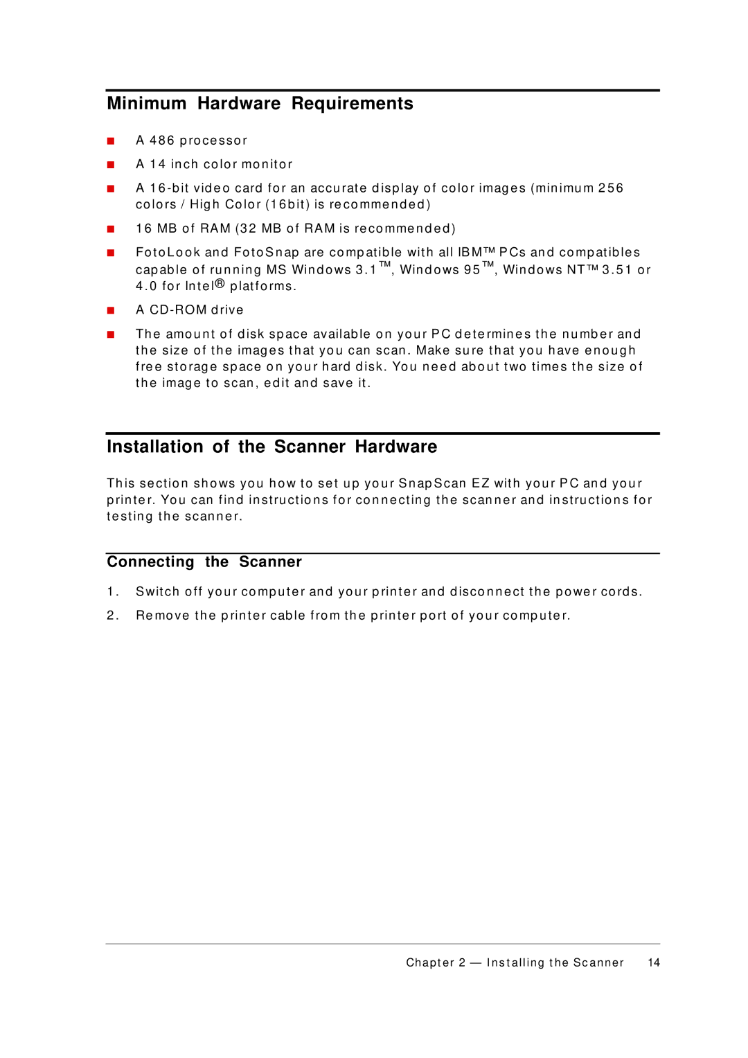 AGFA appendix Minimum Hardware Requirements, Installation of the Scanner Hardware, Connecting the Scanner 