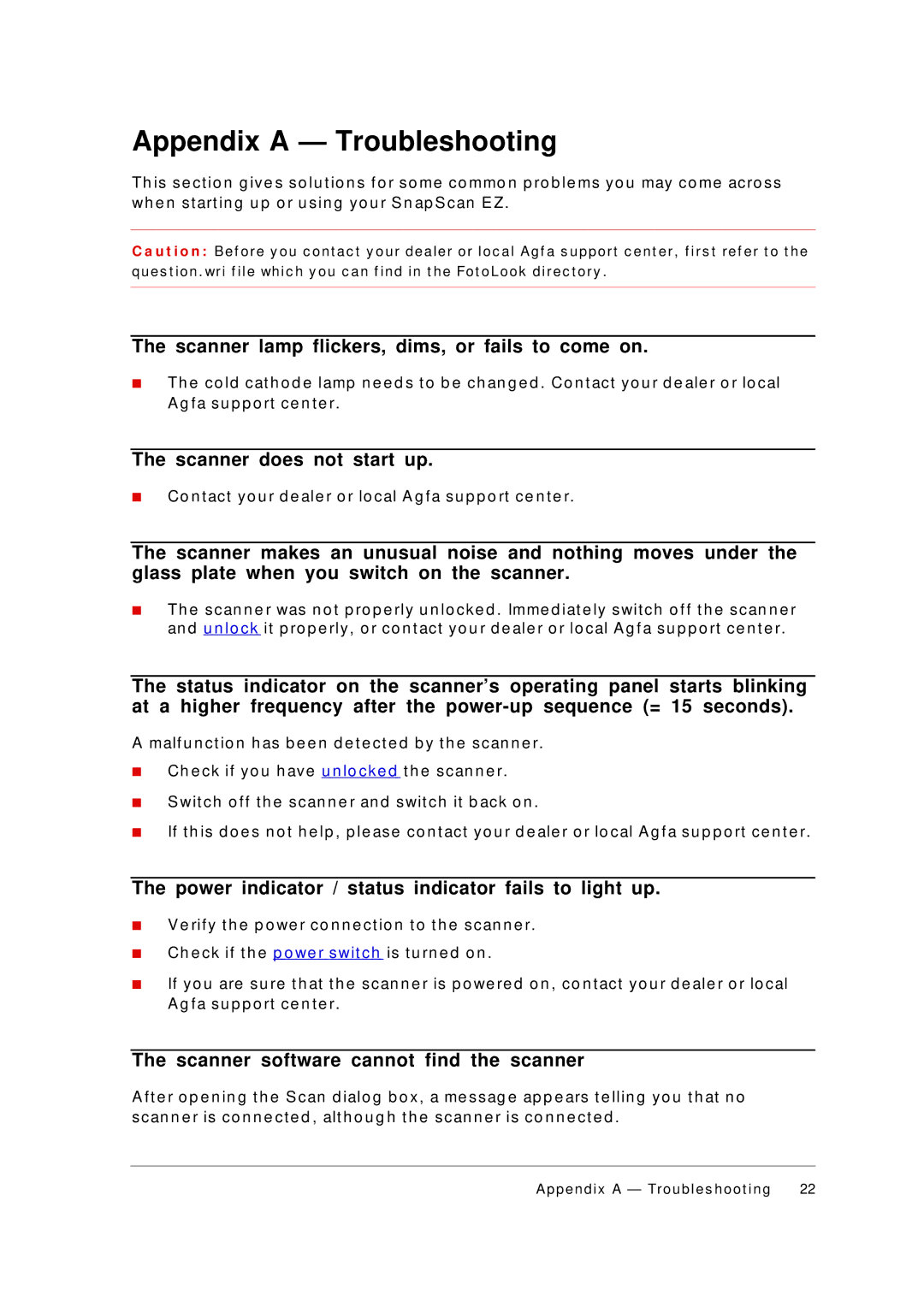 AGFA appendix Appendix a Troubleshooting, Scanner lamp flickers, dims, or fails to come on, Scanner does not start up 