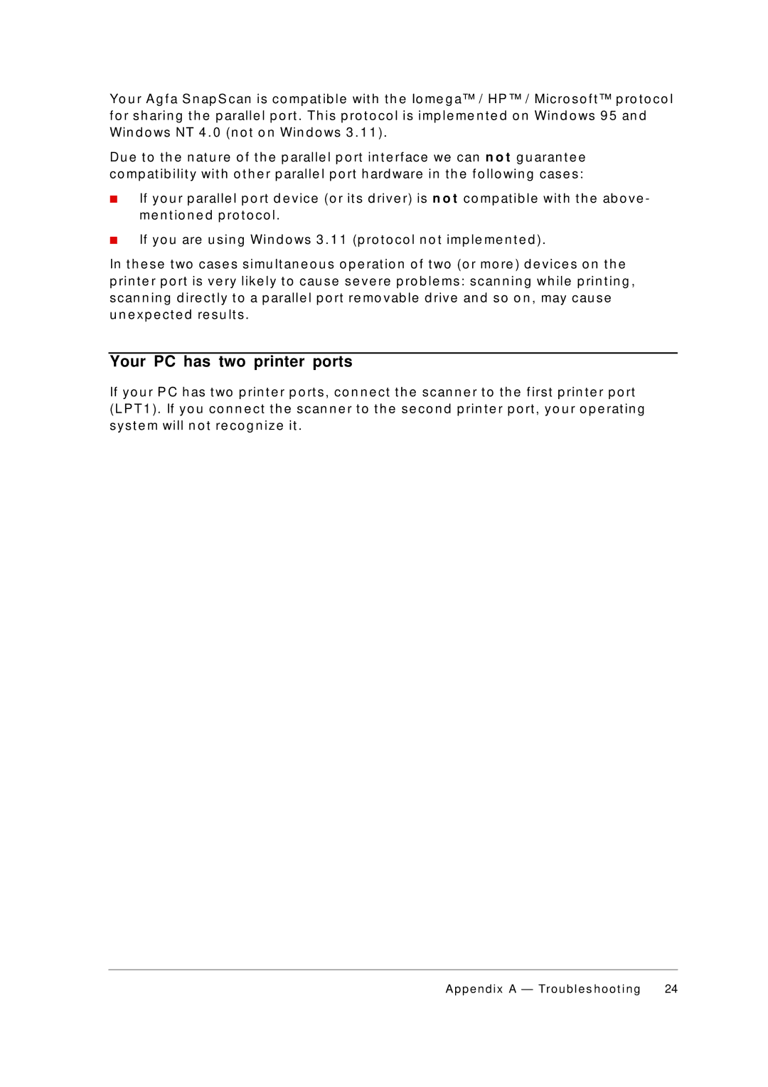 AGFA Scanner appendix Your PC has two printer ports, Win d o ws NT 4 n o t o n Win d o ws 3, E x p e c t e d re s u lt s 