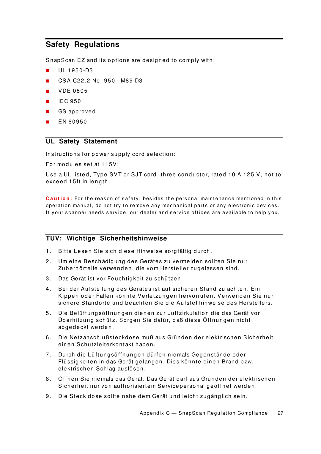 AGFA Scanner appendix Safety Regulations, UL Safety Statement, TÜV Wichtige Sicherheitshinweise 