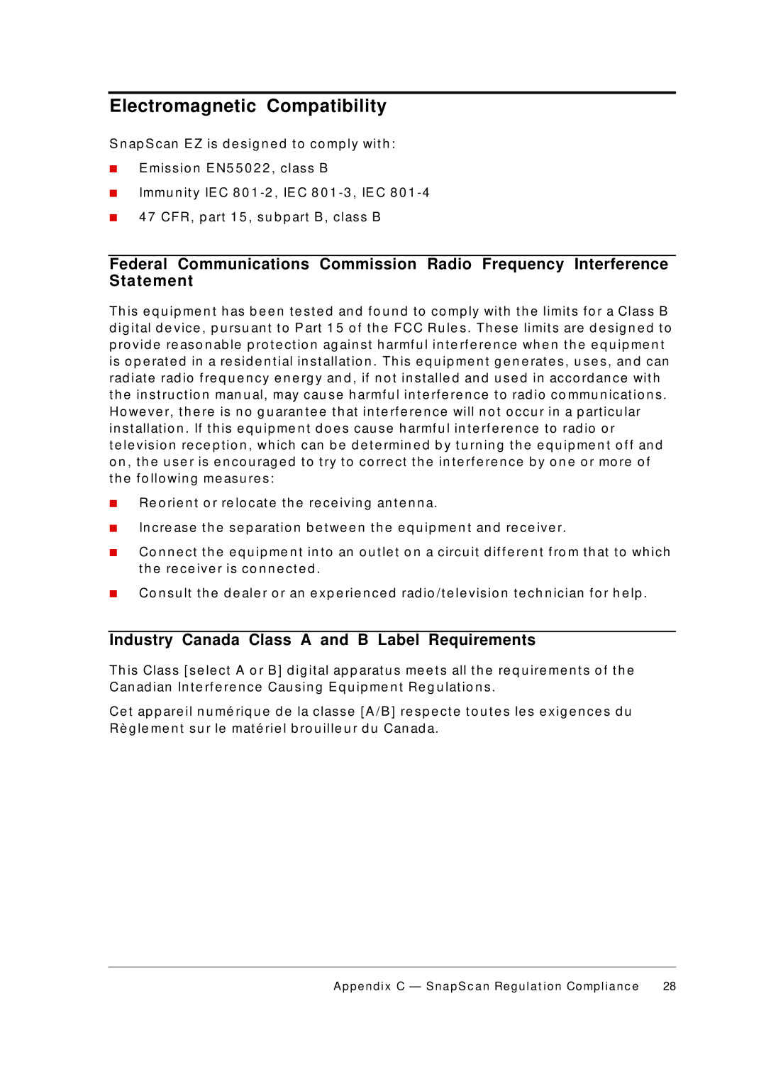 AGFA Scanner appendix Electromagnetic Compatibility, Industry Canada Class a and B Label Requirements 