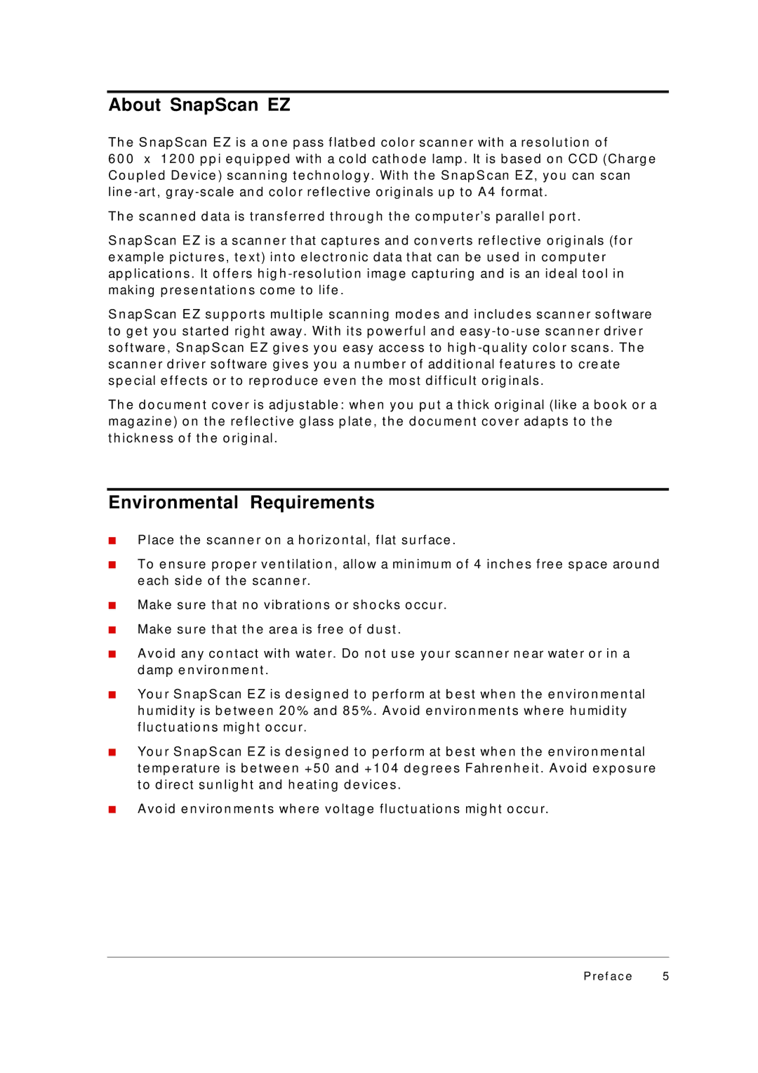 AGFA Scanner appendix About SnapScan EZ, Environmental Requirements, Ic k n e s s o f t h e o rig in al 