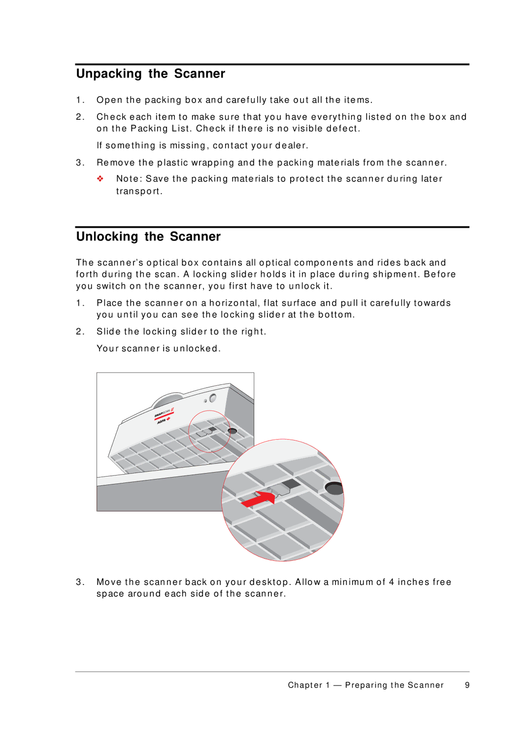 AGFA appendix Unpacking the Scanner, Unlocking the Scanner, U r s c an n e r is u n lo c k e d 