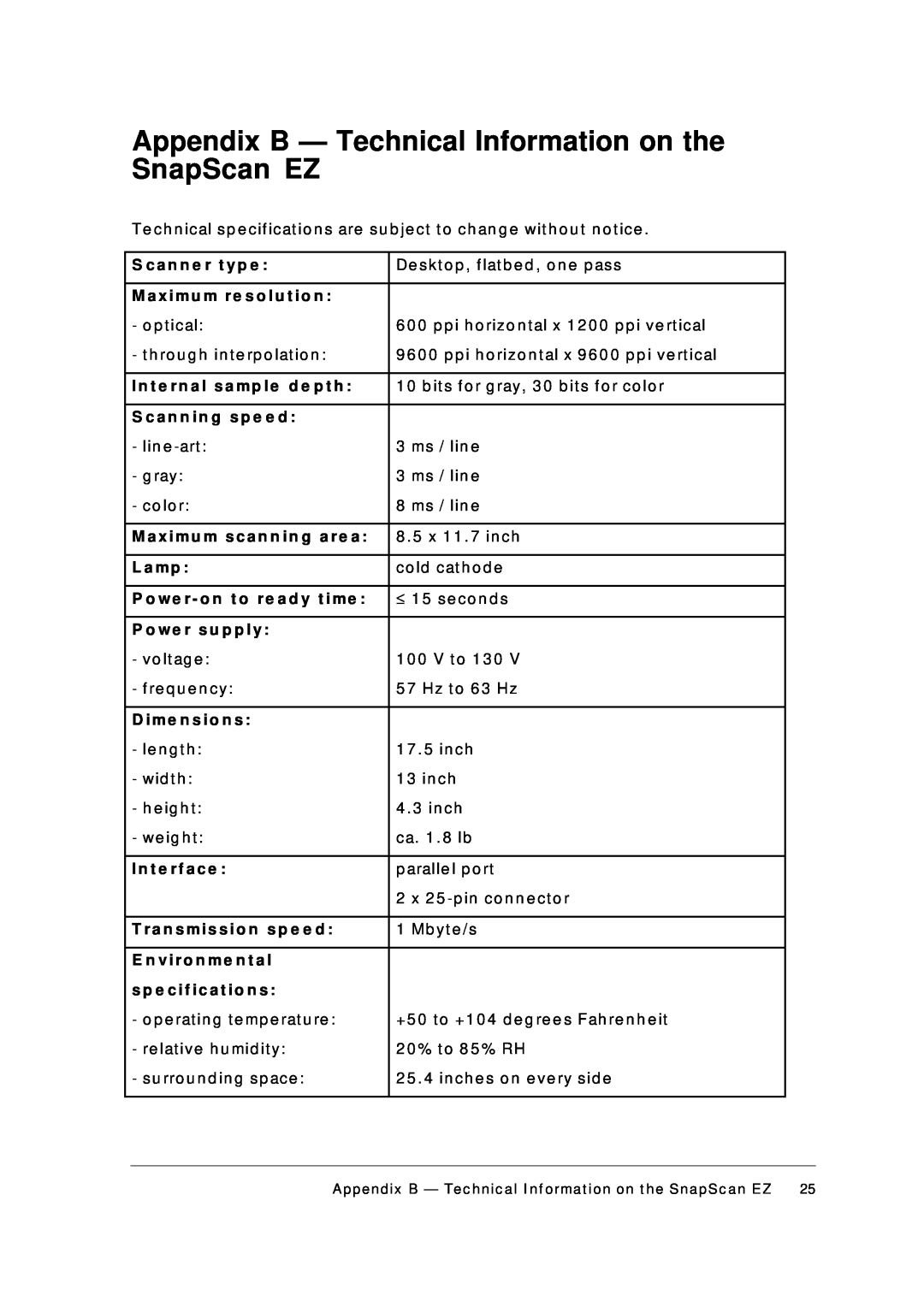 AGFA Scanner appendix Appendix B - Technical Information on the SnapScan EZ 