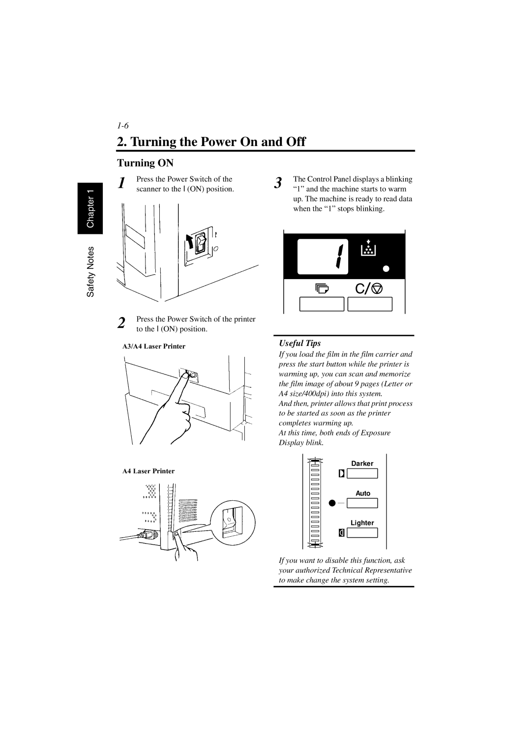 AGFA SR 24 manual Turning the Power On and Off, Turning on 