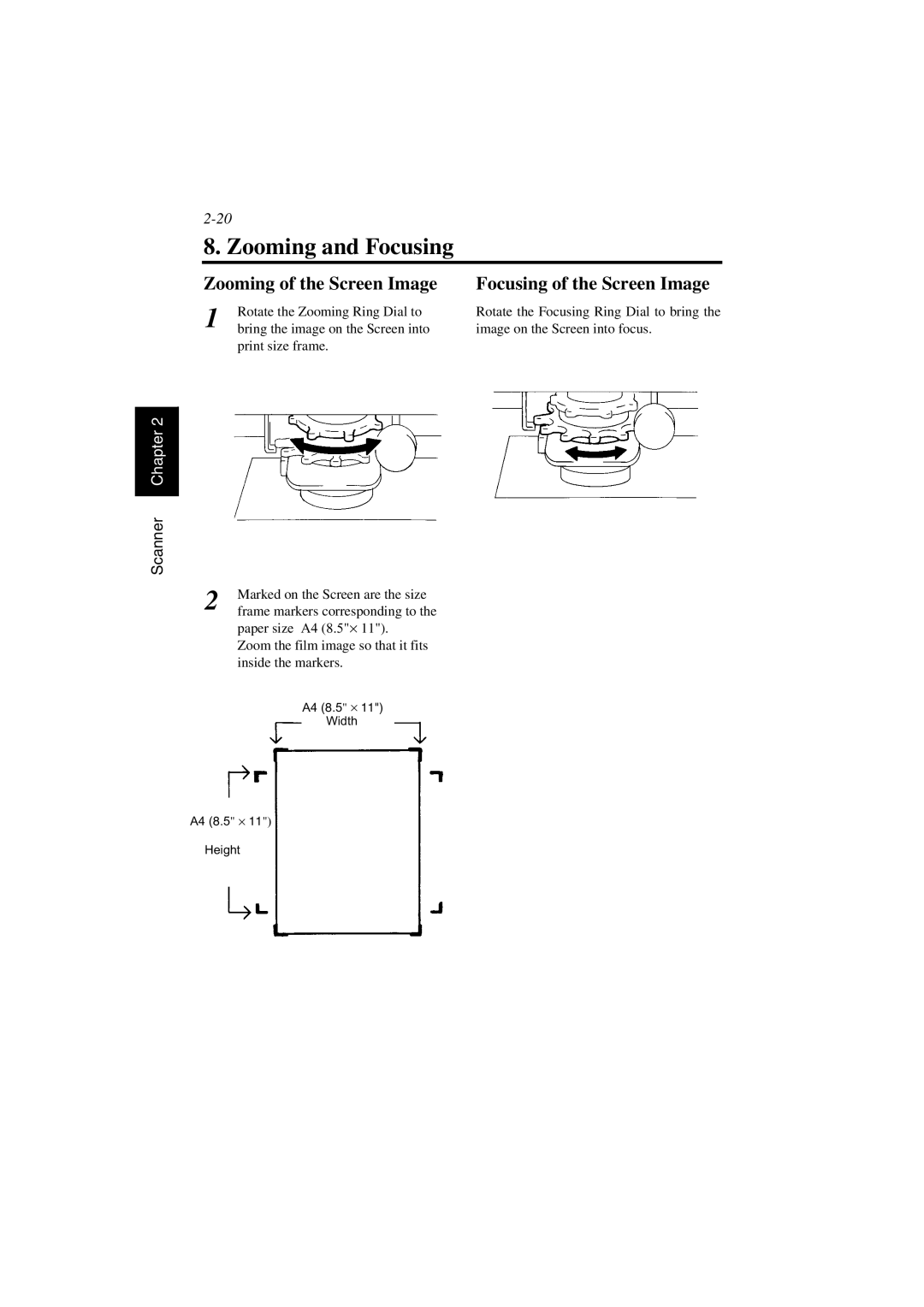 AGFA SR 24 manual Zooming and Focusing, Zooming of the Screen Image Focusing of the Screen Image 