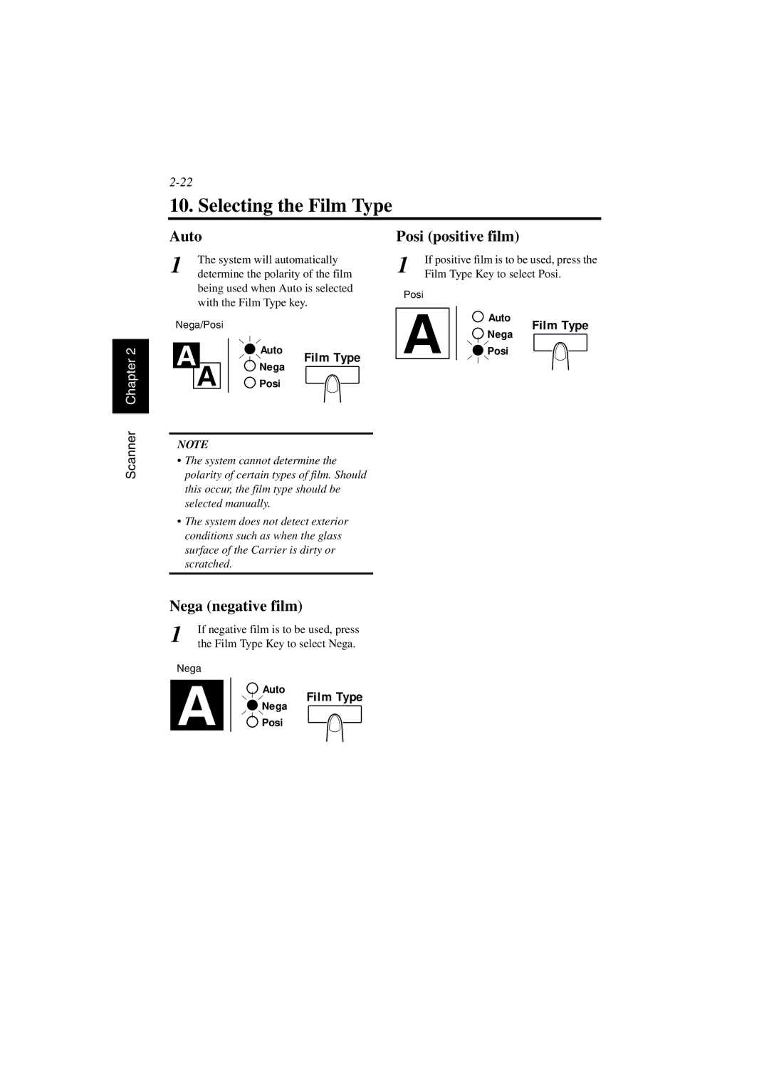 AGFA SR 24 manual Selecting the Film Type, Auto, Posi positive film, Nega negative film 