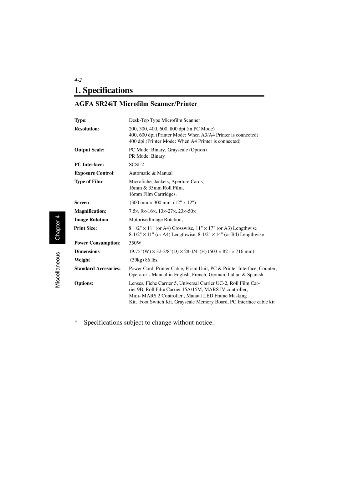 AGFA SR 24 manual Specifications, Agfa SR24iT Microfilm Scanner/Printer 