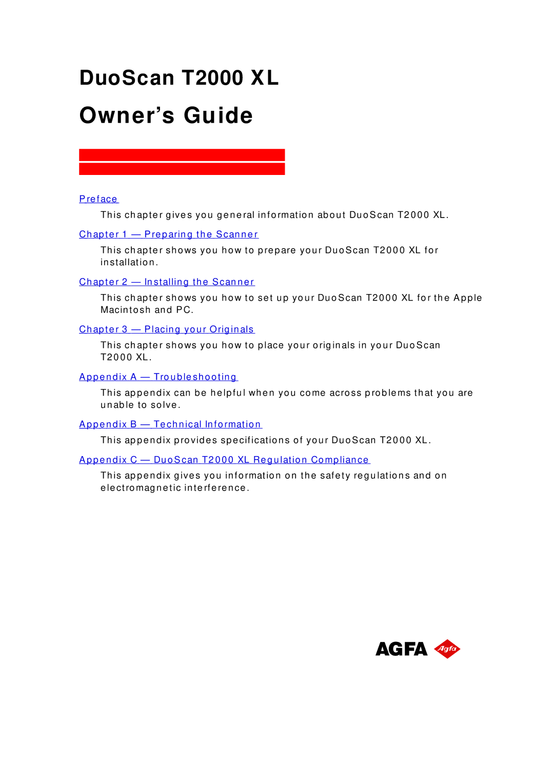 AGFA T2000 XL appendix Owner’s Guide, Re f ac e 