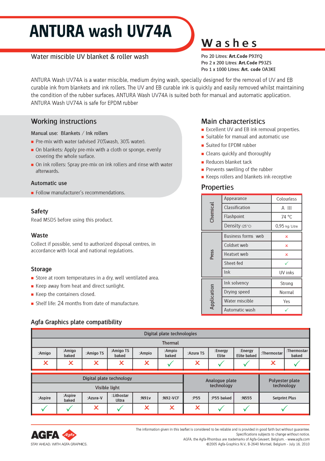 AGFA UV74A specifications Working instructions, Main characteristics, Properties 