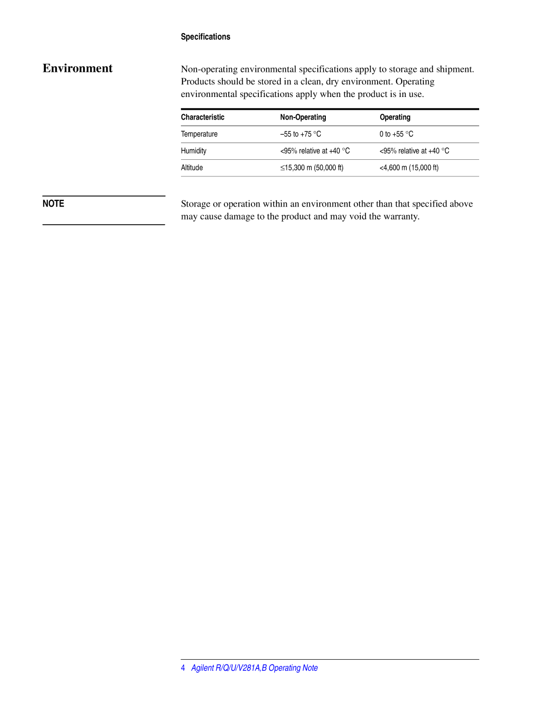 Agilent Technologies 00281-90055 manual Environment, Characteristic Non-Operating 