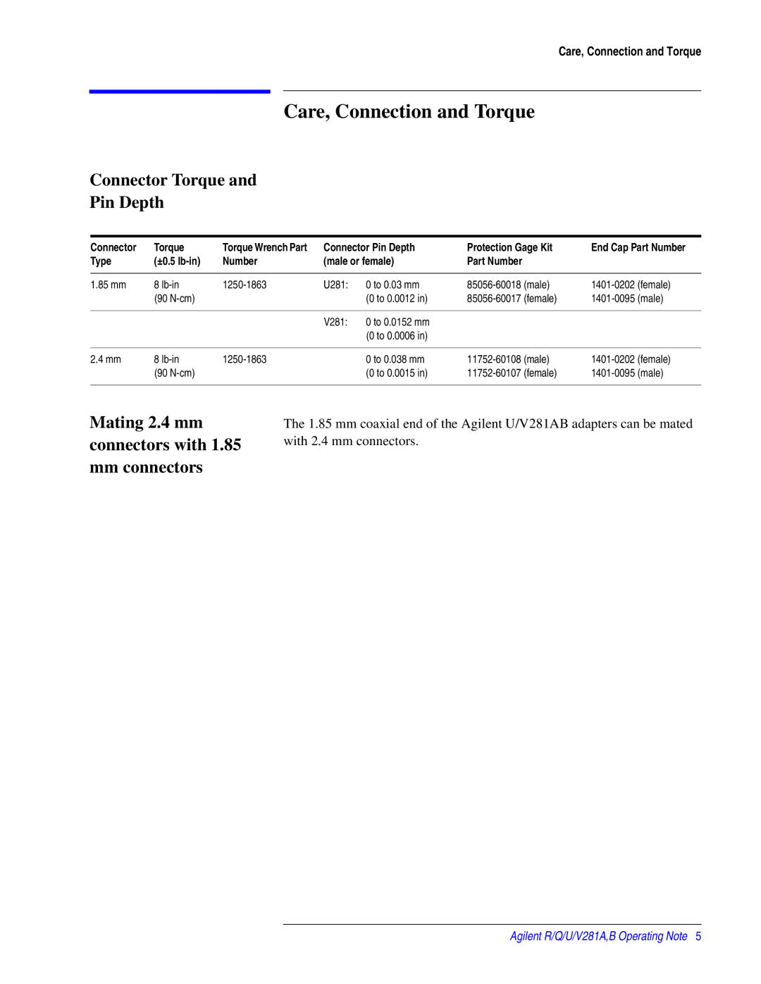 Agilent Technologies 00281-90055 manual Care, Connection and Torque, Connector Torque Pin Depth 