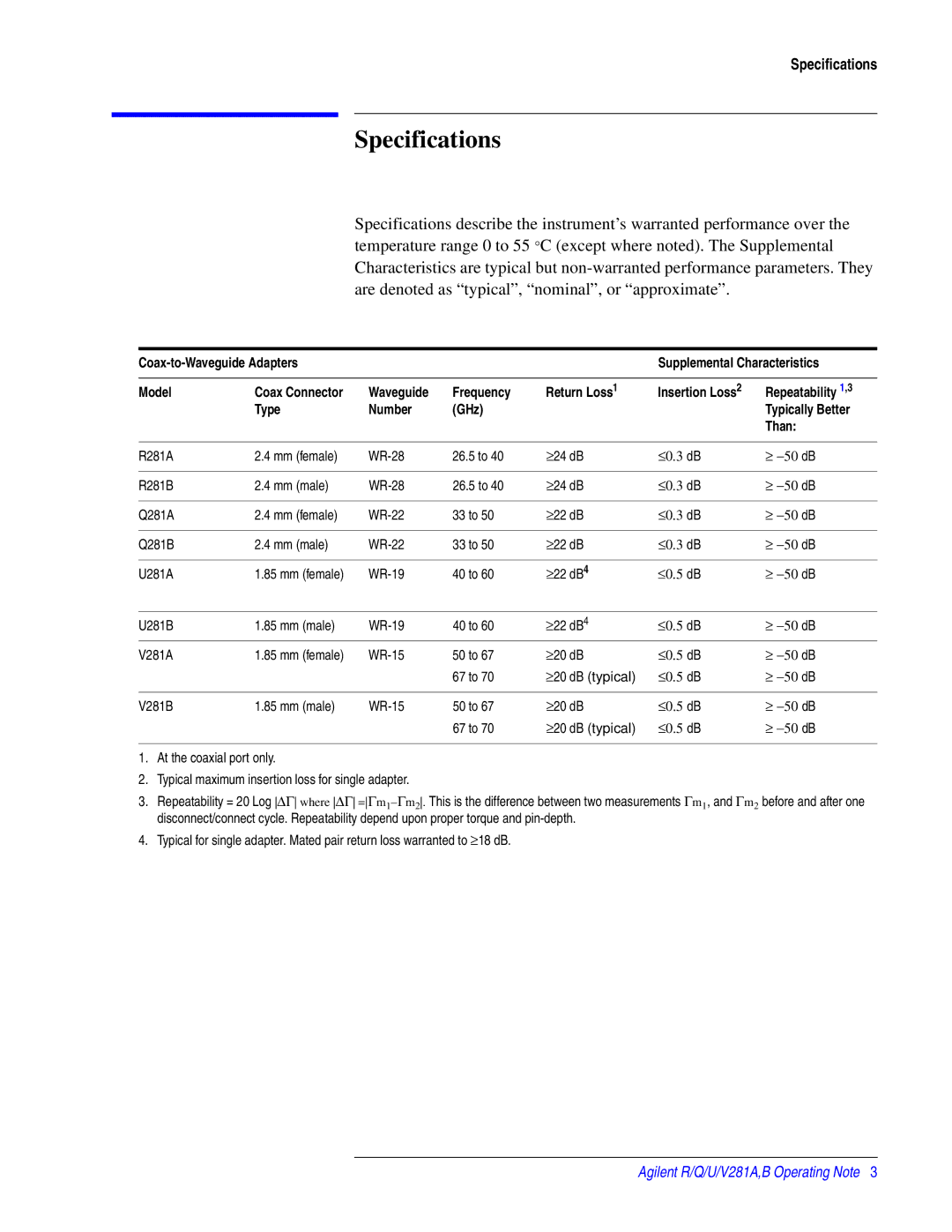 Agilent Technologies 00281-90055 manual Specifications 