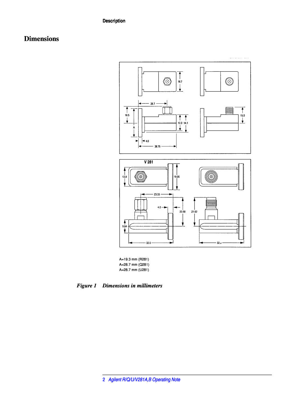 Agilent Technologies 00281-90055 manual Dimensions in millimeters, Description, Agilent R/Q/U/V281A,B Operating Note 
