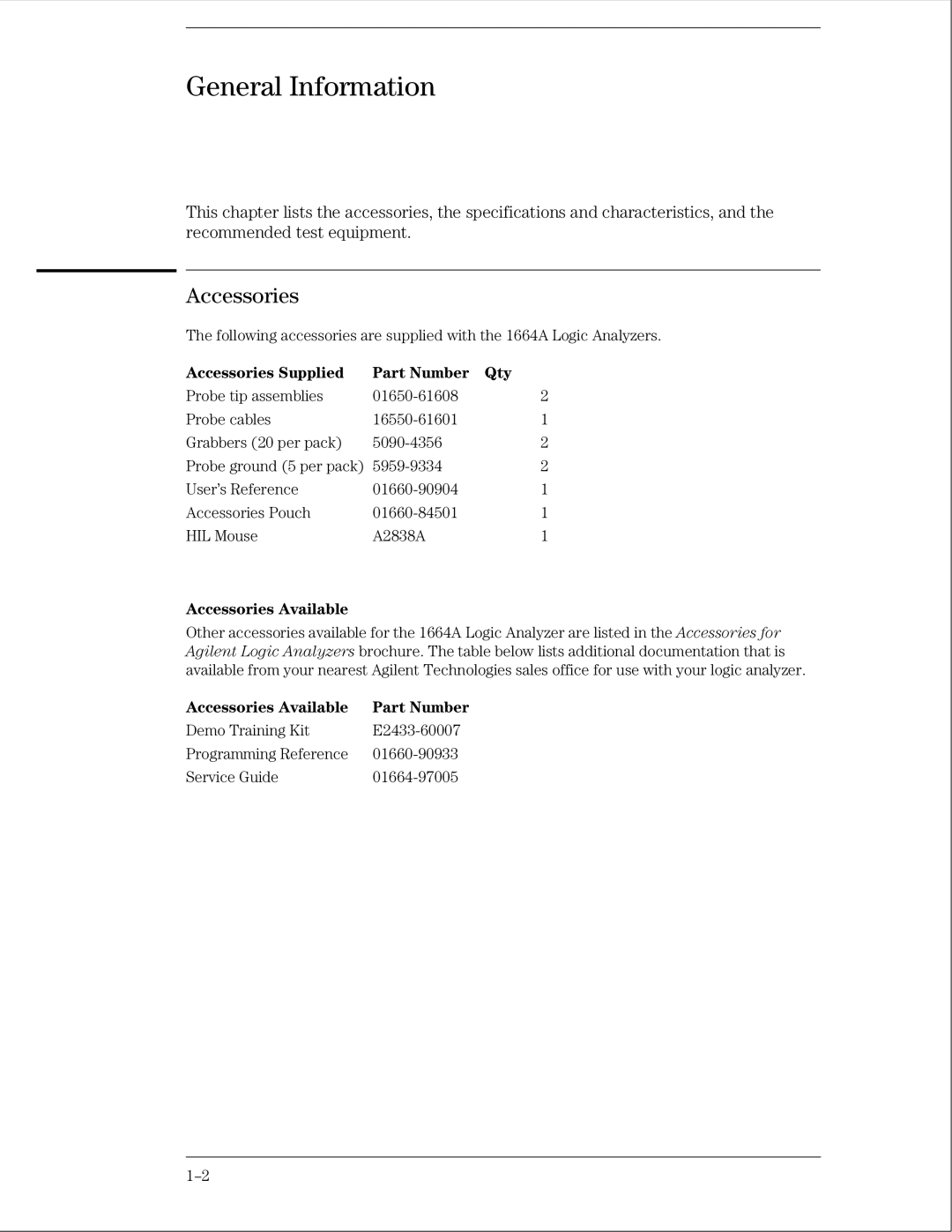 Agilent Technologies 01664-97005 manual Accessories Supplied Part Number Qty, Accessories Available 