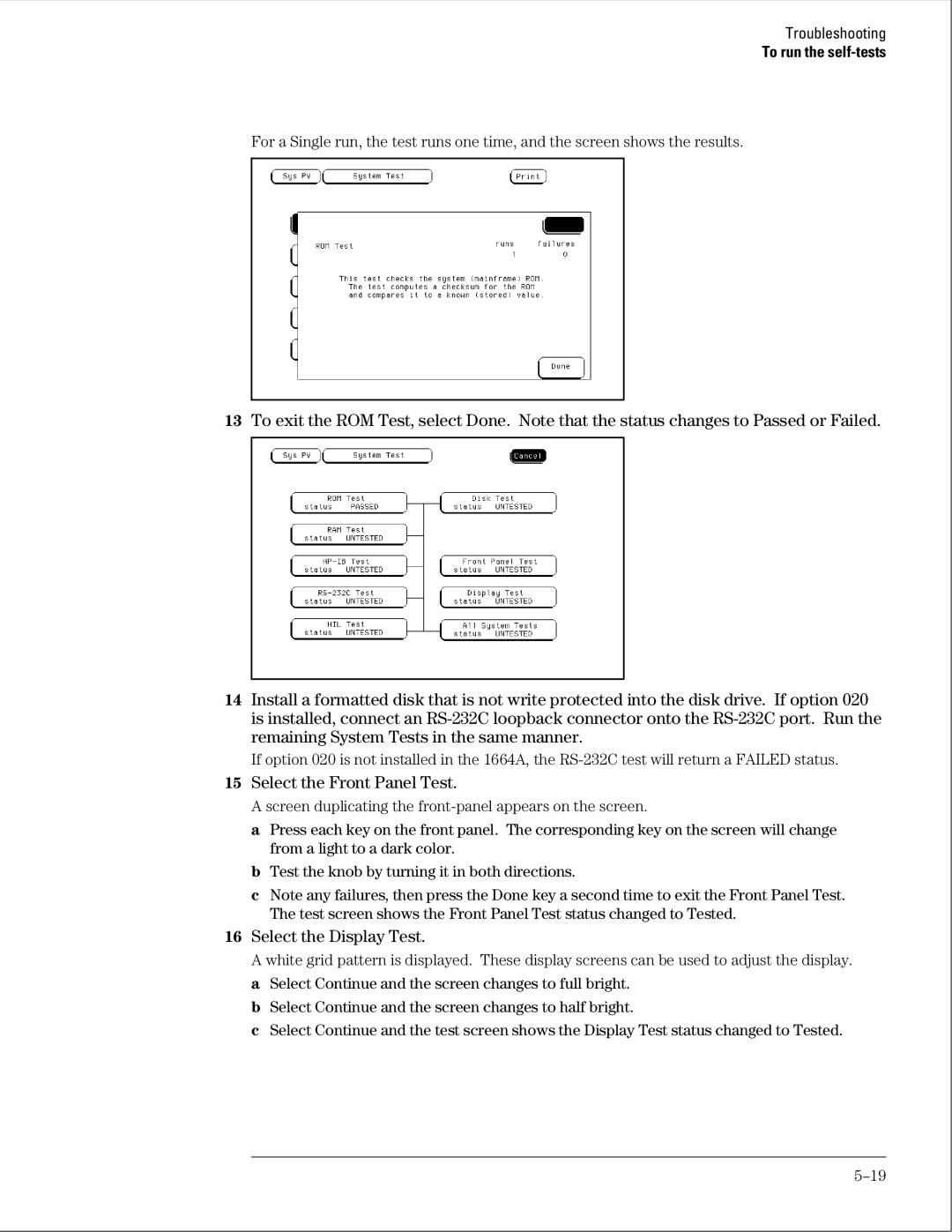 Agilent Technologies 01664-97005 manual Select the Front Panel Test 