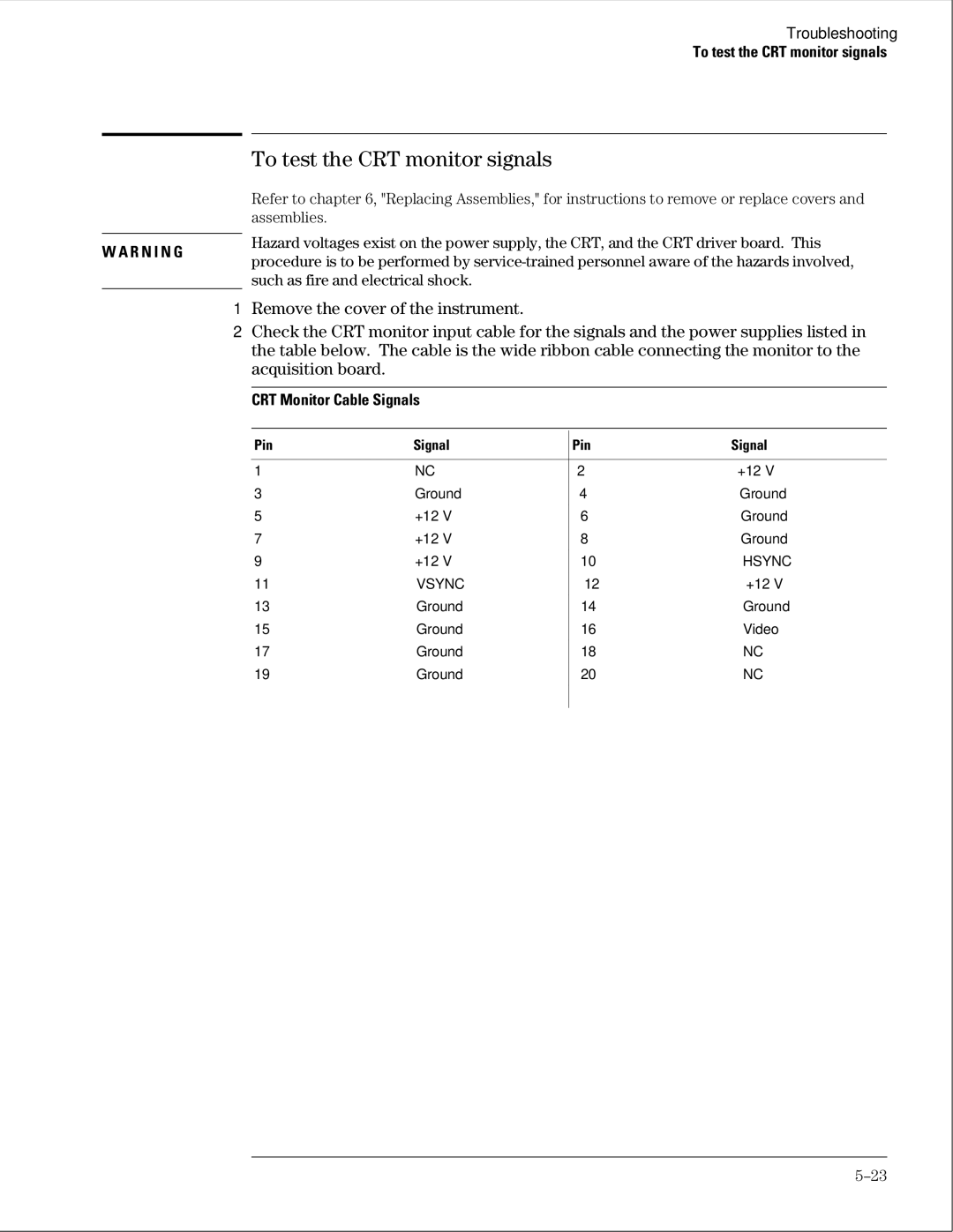 Agilent Technologies 01664-97005 manual To test the CRT monitor signals, CRT Monitor Cable Signals 