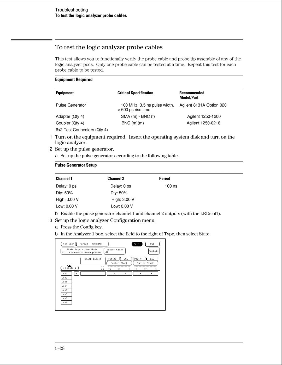 Agilent Technologies 01664-97005 To test the logic analyzer probe cables, Set up the logic analyzer Configuration menu 