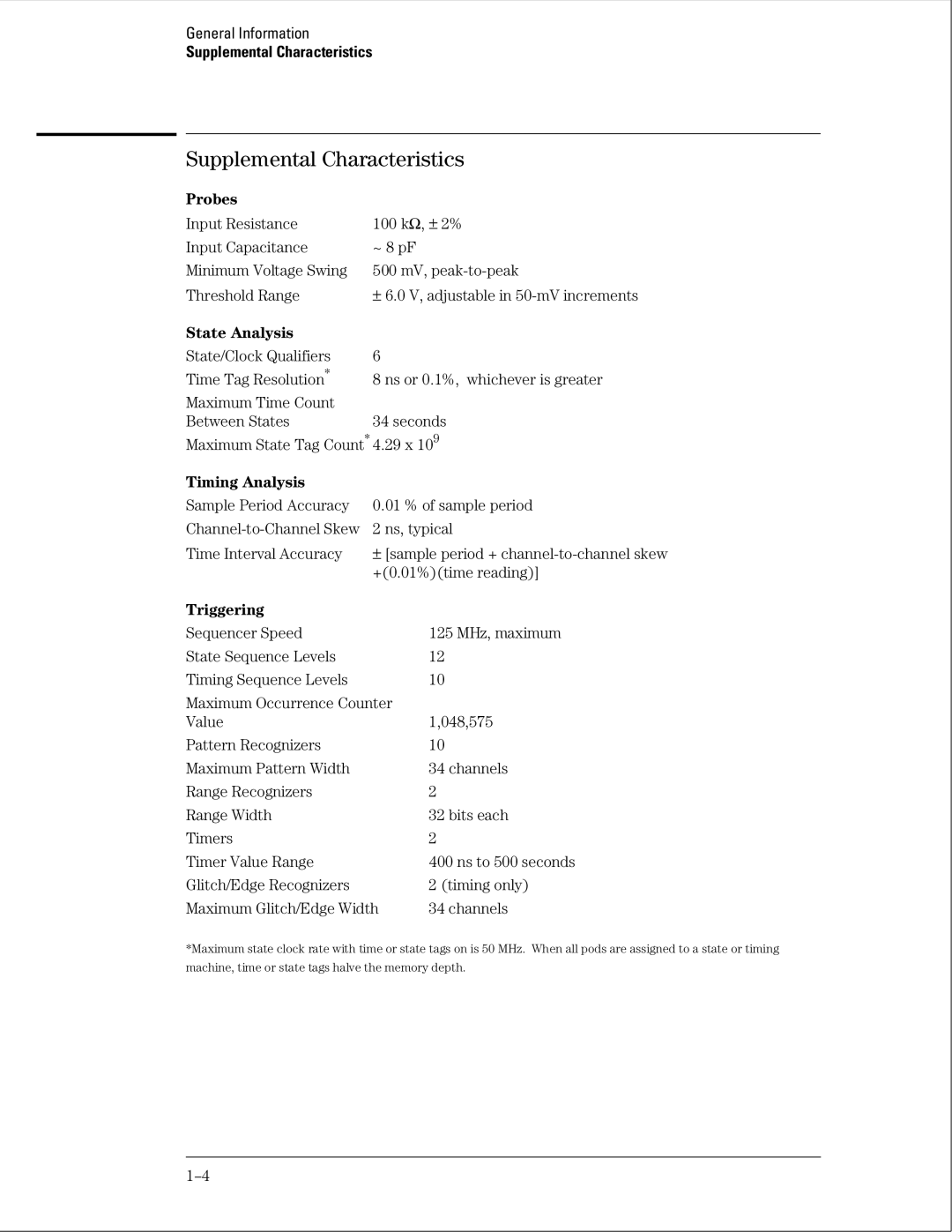 Agilent Technologies 01664-97005 manual Supplemental Characteristics, Probes, State Analysis, Timing Analysis, Triggering 