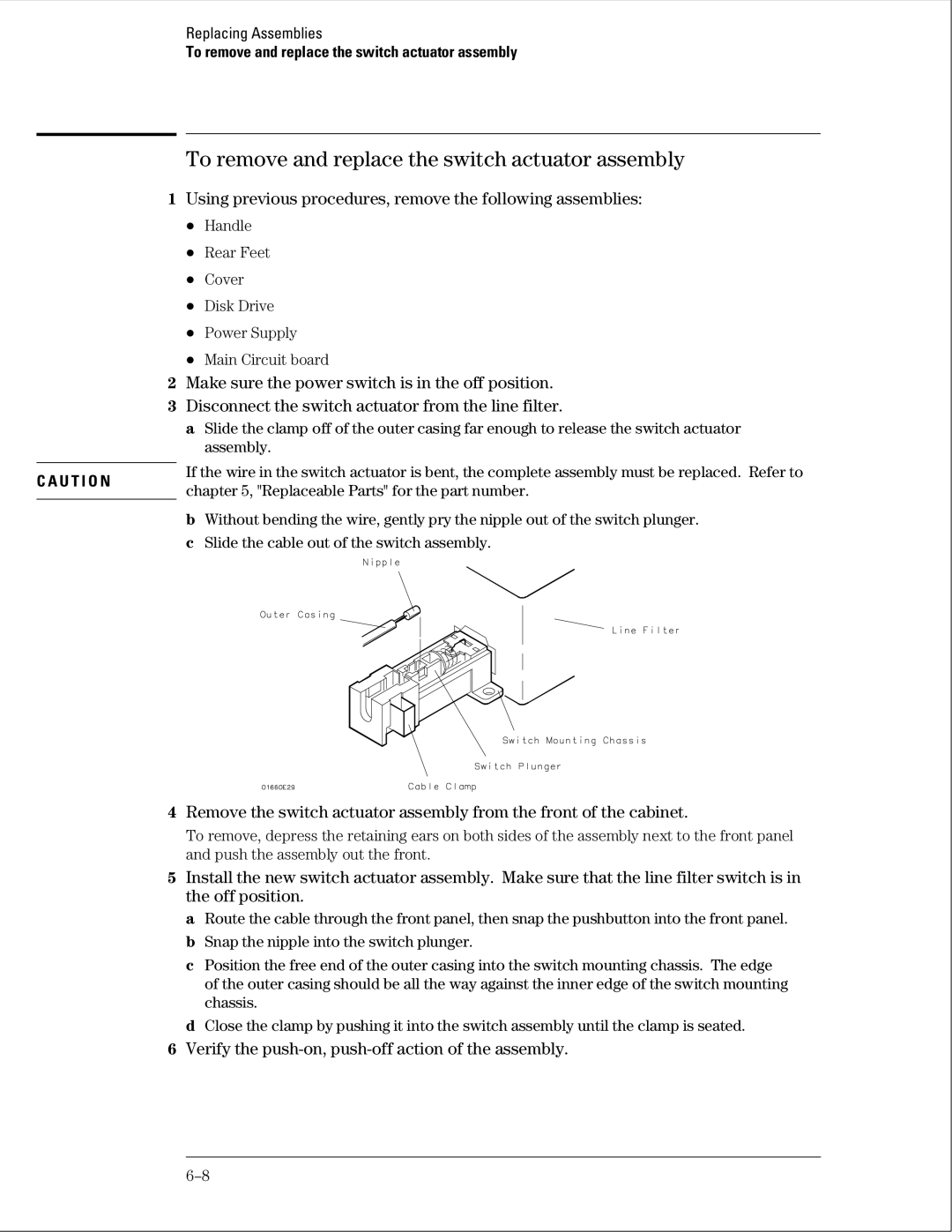 Agilent Technologies 01664-97005 manual To remove and replace the switch actuator assembly 