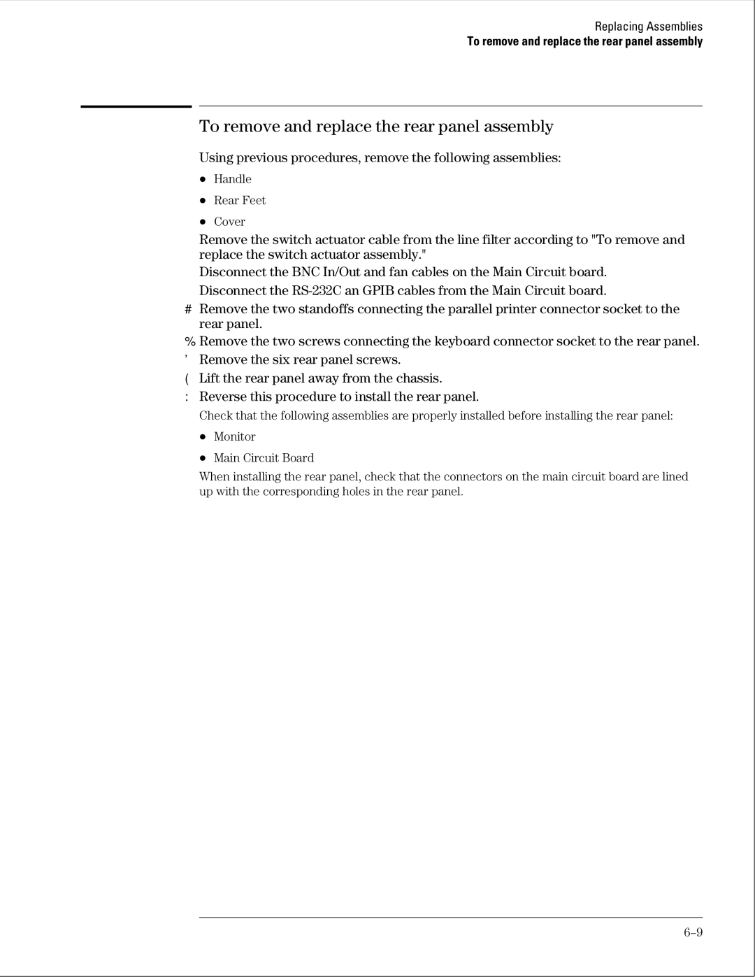 Agilent Technologies 01664-97005 manual To remove and replace the rear panel assembly 